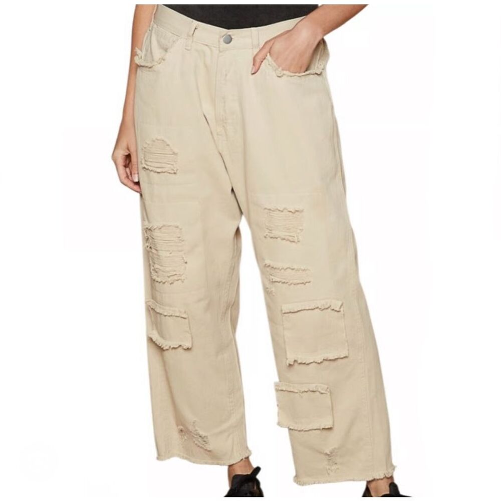 Pol Distressed Cropped Patchwork Details Raw Hem … - image 1